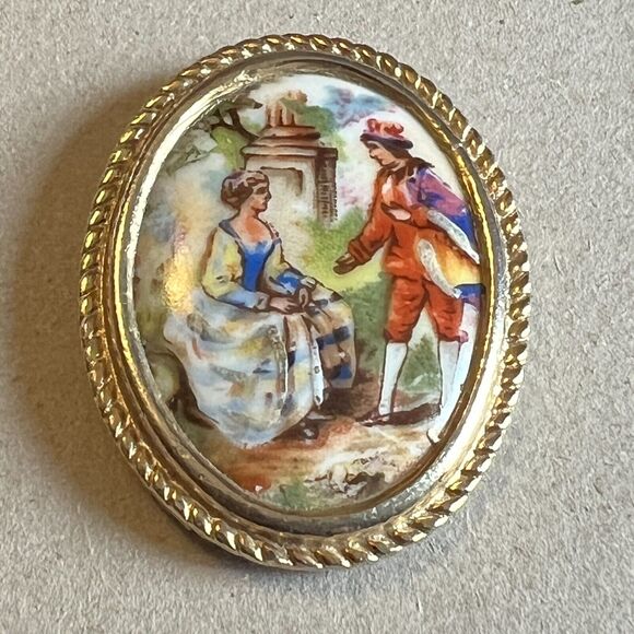 Limoges Porcelain Brooch Pendant Vintage Made in France Antique Victorian - Picture 1 of 5